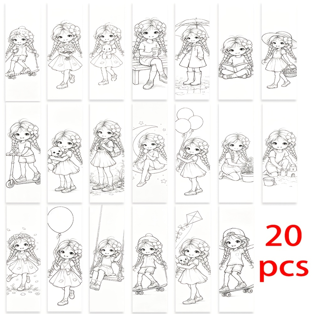 TEMU 20 stuks Bladwijzer Set, Zwart-wit Lijnkunst, Schattig Klein Meisje, Karakter, Cartoon, Dagelijkse Scène, Handgetekend, Verzorgend, Knus, 2D