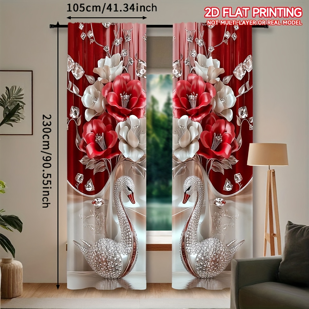 TEMU 2pcs, 2d Floral Printed Curtains, Elegant Rod For Bedroom And Living Room, Enhance Your Home Decoration