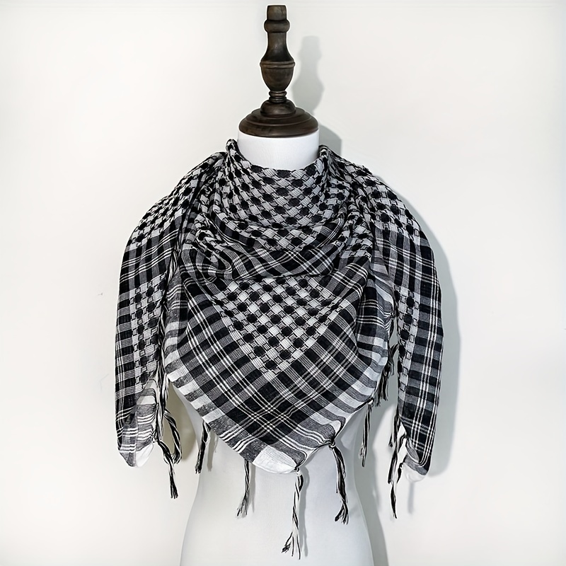 

Lightweight Arabian Scarf - Chic Black & White Checkered Polyester With Tassels, Breathable & | Fashionable Sun-protective Shawl For Outdoor Activities, Hair Scarf