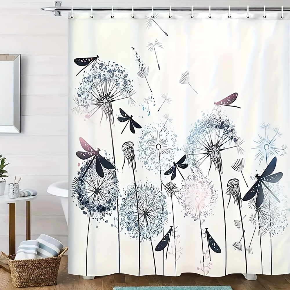 

Dandelions & Dragonflies Shower Curtain, Water-resistant Polyester, Includes Hooks - Elegant Artistic Bathroom Decor, All-season Bathtub Partition