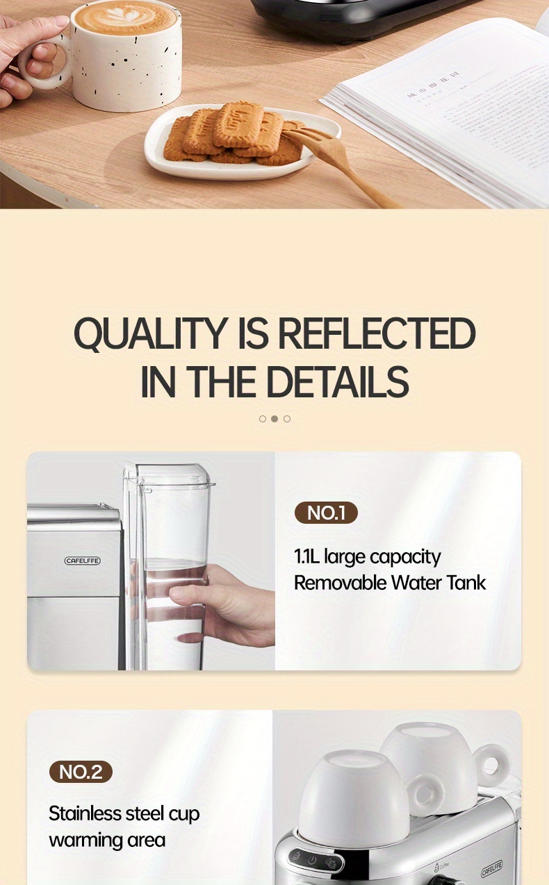 1 Unit CAFELFFEMK-601 Espresso Machine with Milk Frother, 20bar Extraction, Visible Pressure Gauge, Stainless Steel Body, Removable Drip Tray, 1.1L Water Capacity, Coffee Shop Gift Suitable for Lovers/father/mother, Office Equipment