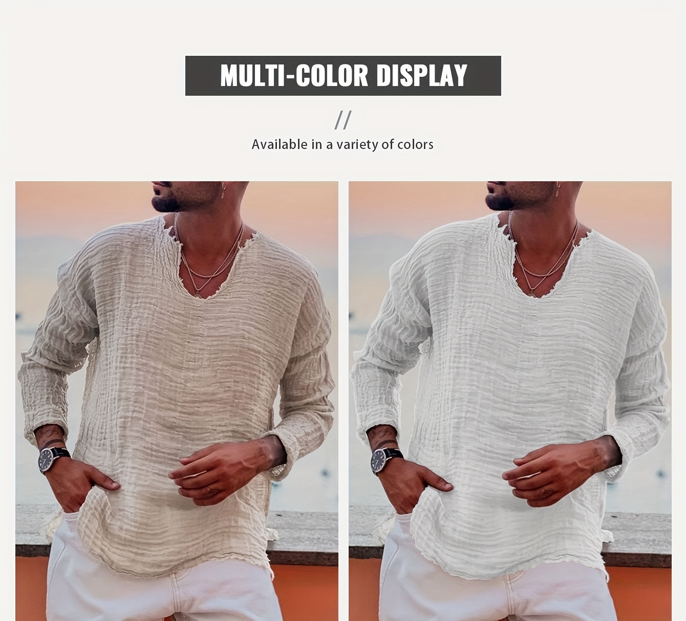 Men's Mid-Length Sleeve T-Shirt with V-Neck, Distressed Style Casual Summer Beach Vacation Top