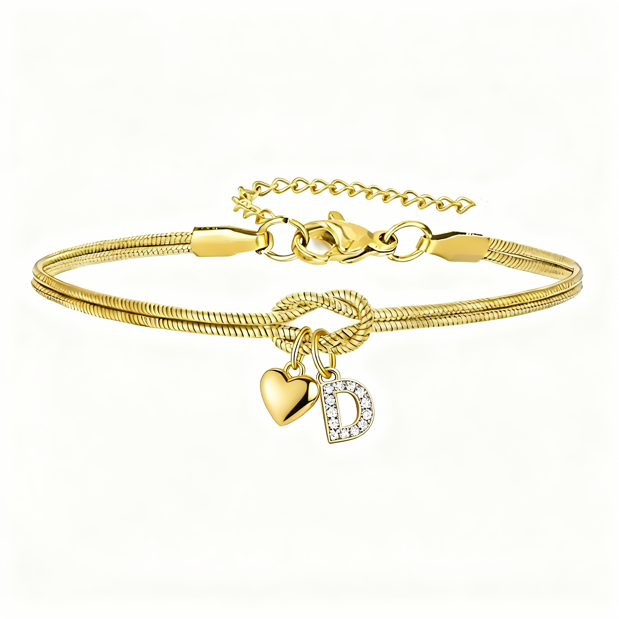 E-shop 26 Initialen Knot Armband für Damen Vergoldenet Doppel Schlangenkette Herz Buchstaben Charm Armband Pave Zirkonia A-Z Alphabet Armreif Schmuck