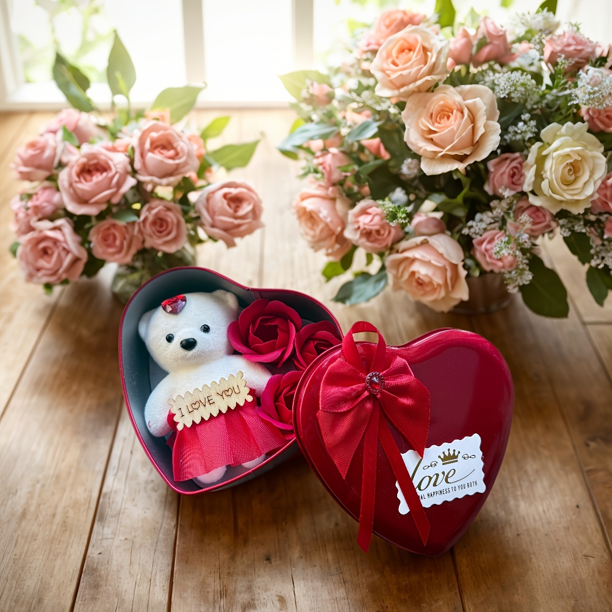 

Valentine's Day Heart-shaped Gift Box With Artificial Roses And Teddy Bear, Love Themed Tabletop Floral Arrangement, Suitable For Spring, Christmas, Thanksgiving, Graduation, For All