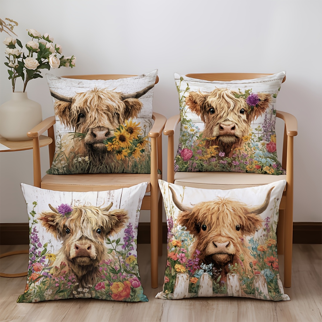 TEMU 4pcs, Single-sided Printed Pillow Covers, Watercolor Highland Cow And Floral Series Pillowcases, 17.7 X 17.7 Inches, Home Decor Pillowcases For