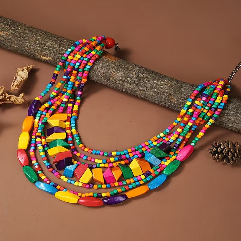 Image of 1pc Wooden Cross-border Beading Exaggerated Multi-layered Colored Necklace Bohemian Women's African Feelings Necklace