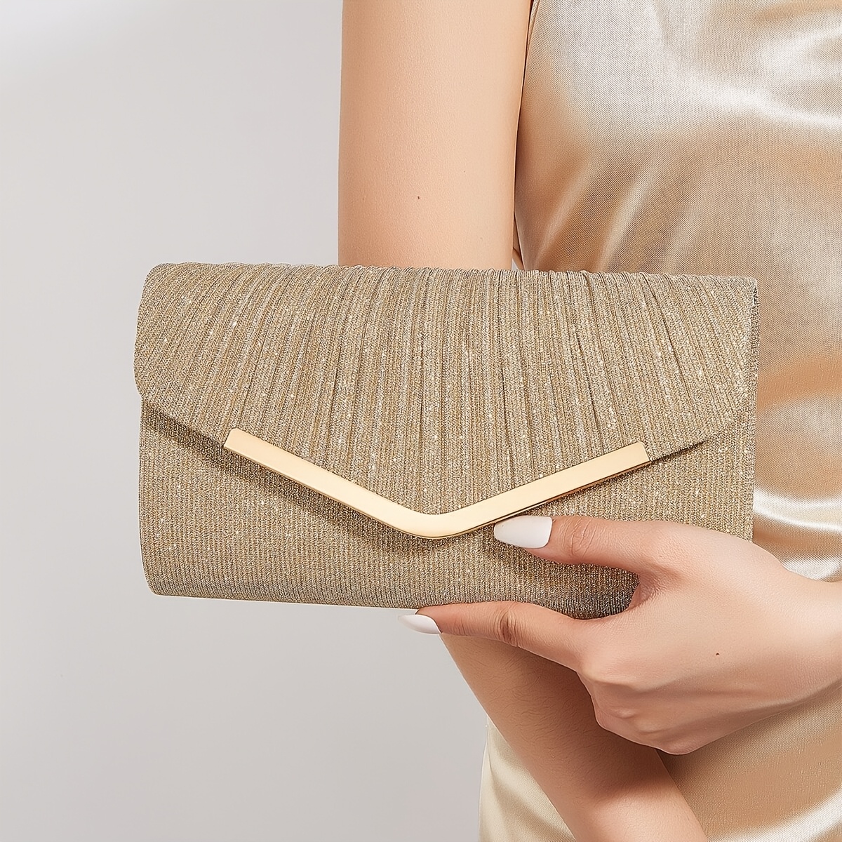 TEMU Champagne-colored Pleated Sequin V-shaped Metal Clasp Evening Bag, Light Luxury -style Dinner Dress Clutch, Versatile Handbag For Weddings,