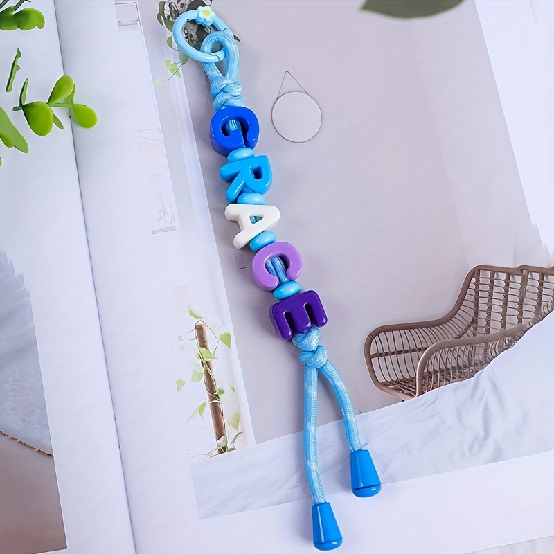 TEMU 1pc Custom Woven Rope Keychain With Colorful Acrylic Letter Beads, Cute Flower Keyring, Minimalist Bag Charm, Personalized Name, Custom Bag