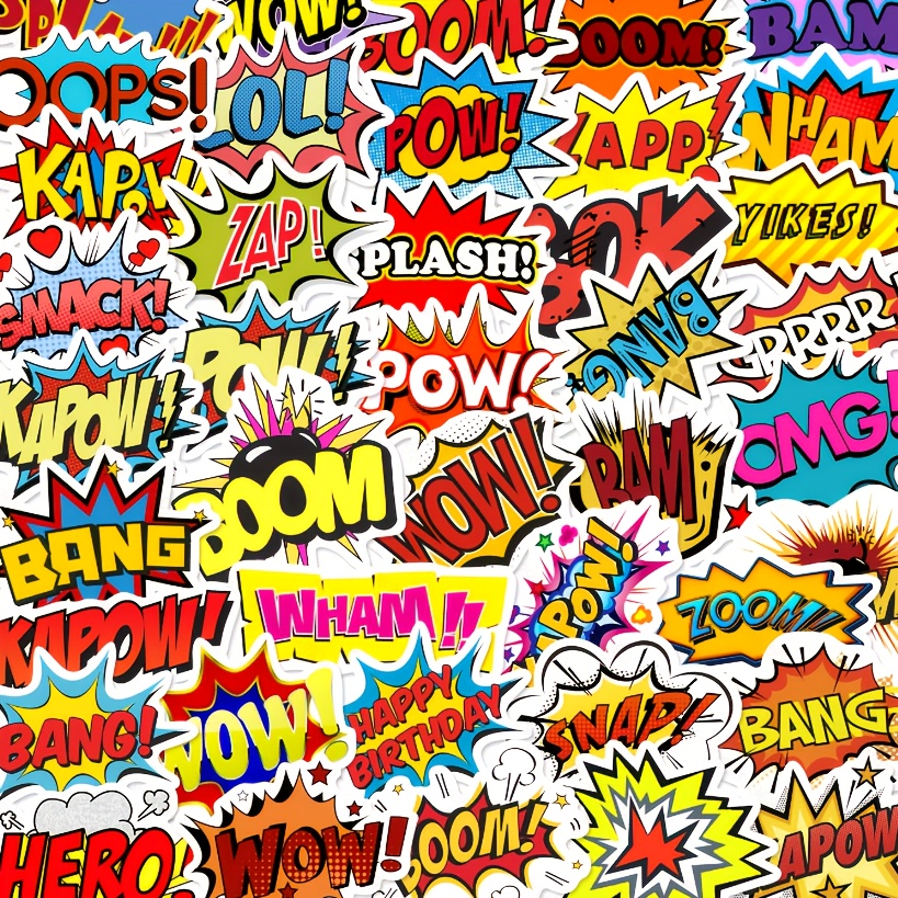 Image of 50pcs Comic Style Stickers Pack, Pop Art Words Vinyl Decals, Cycling Stickers And Decals For Roller Skating, Laptop And Water Bottle