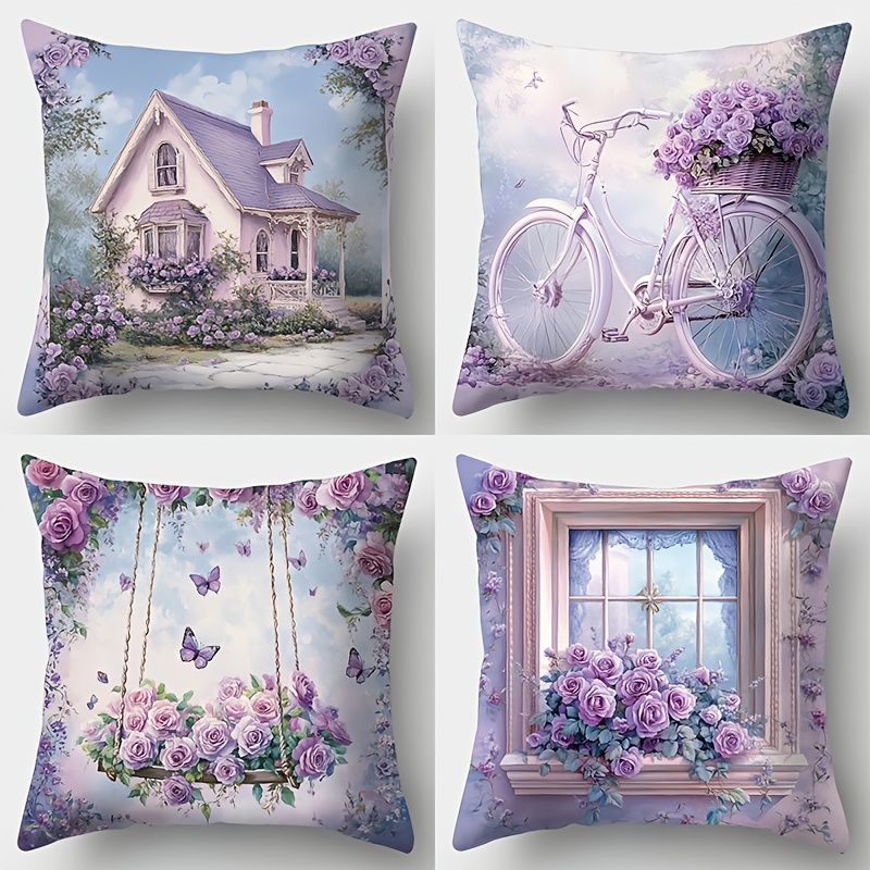 TEMU 4pcs Purple Floral & Rustic Home Decor Throw Pillow Covers, Spring Themed Cushion Cases For Sofa & Rooms, Hand Wash, Zipper Closure, Woven