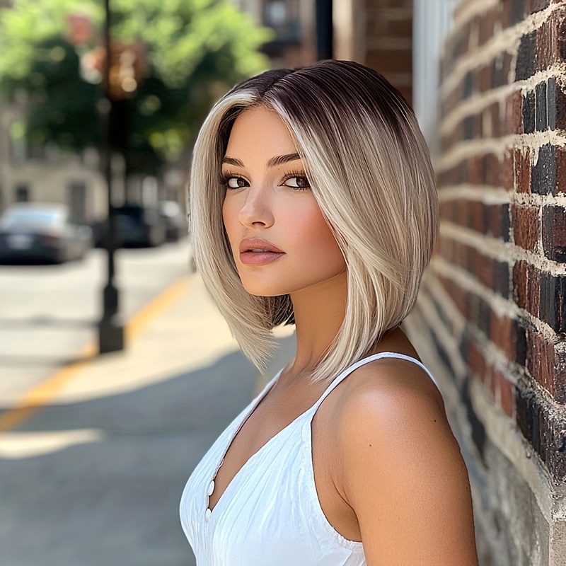 TEMU Elegant 14-inch Brown Gradient Wig, Short Straight Hair, Fiber, Suitable For Daily And Activities., Short Hair Wig