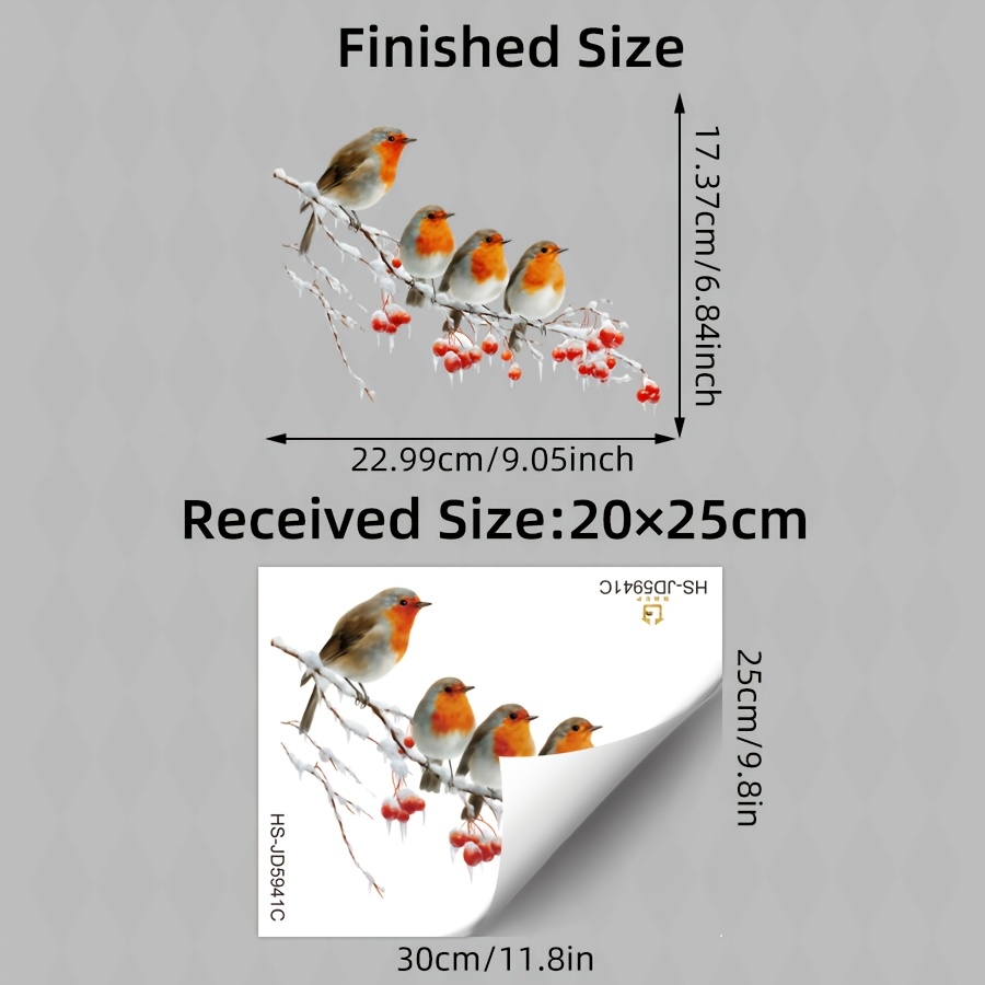 TEMU 1pc Winter Robin Birds On Berry Branch Glass Sticker, Static Cling Window Sticker, Double-sided Reusable Decal, For Store Xmas Christmas Party