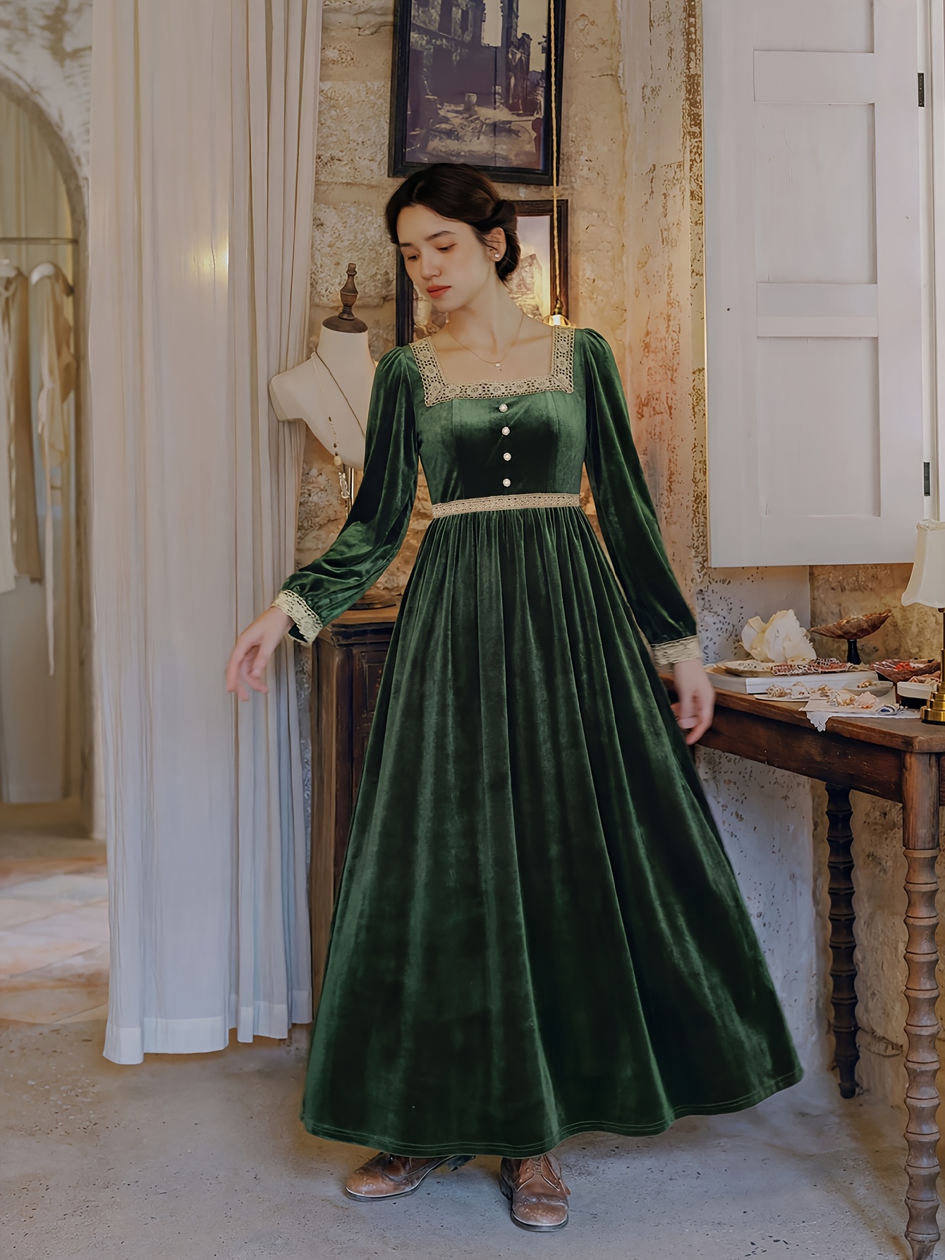 vintage dark green velvet dress Forest Green Velvet Dress - Lace Cuffs | Puff Sleeves
