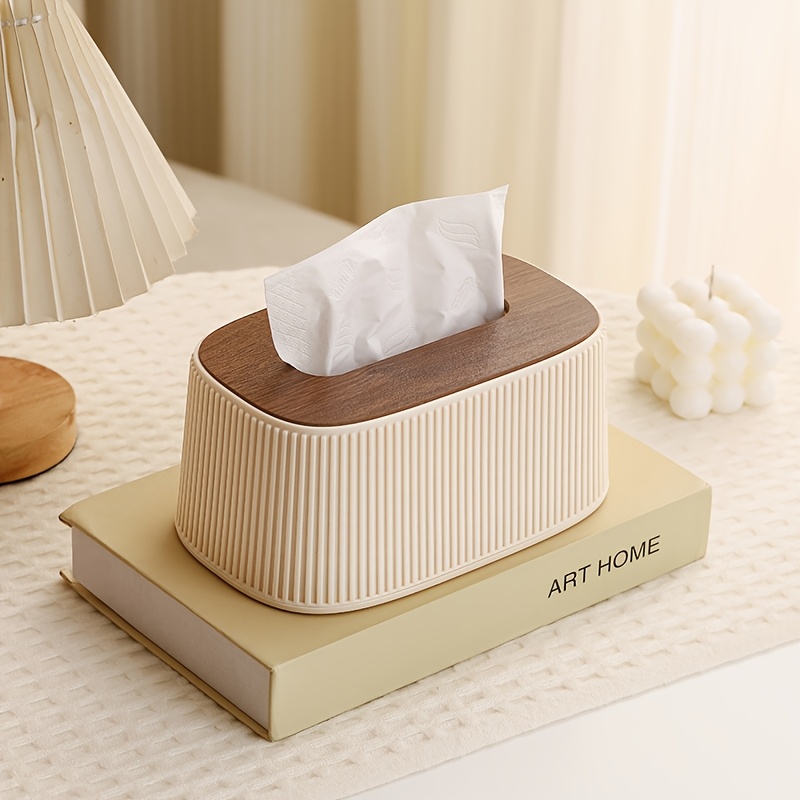 Cute Cream Tissue Box Cover With Auto Lift Spring, Modern Vertical Stripe Tissue Holder With Wooden Lid, Decorative Rectangular Facial Tissue Dispenser For Bathroom, Bedroom, Living Room, Desk - White