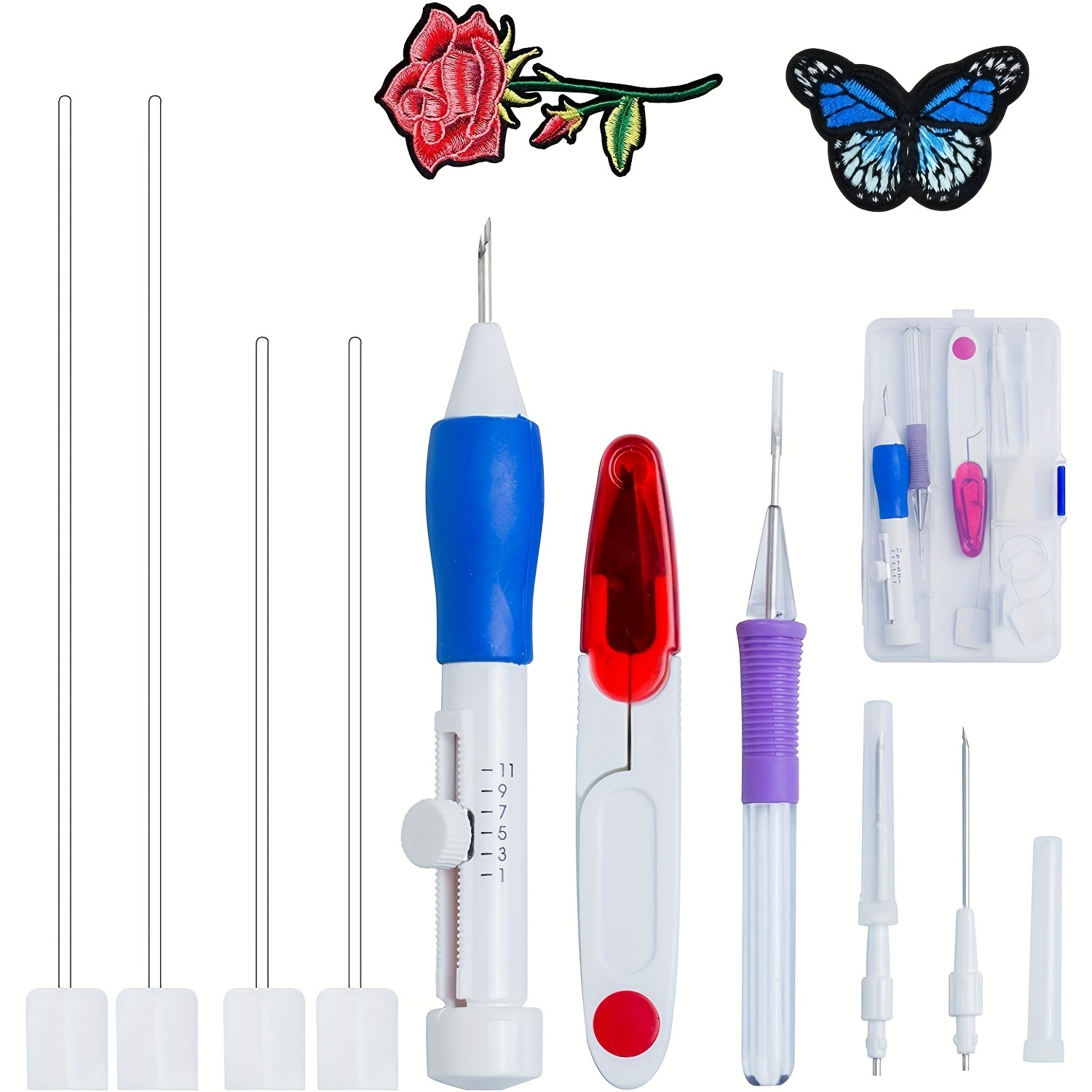 E-shop 11-teiliges magisches Stickstift-Set, inklusive Lochnadel, Einfädler und Muster – Näh- und Bastelset. Enthält blauen Tintenstift, rote Nadel,
