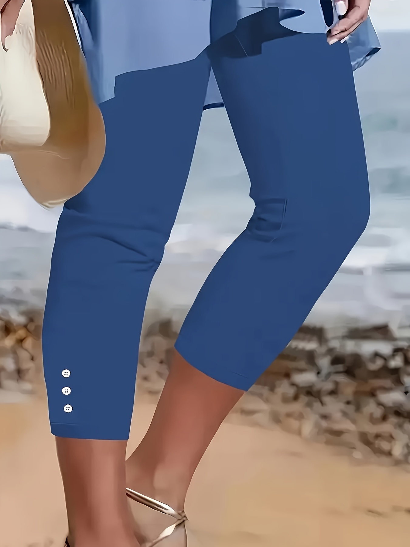 womens elegant solid color capri pants elastic button design machine washable spring summer casual formal trousers opaque fabric