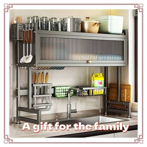 dish drainer drying rack over the sink 3 tier over sink dish rack for a sink shelf saving dish rack with cover for dishes glasses bowls and cutlery black large 29 41 inch length a
