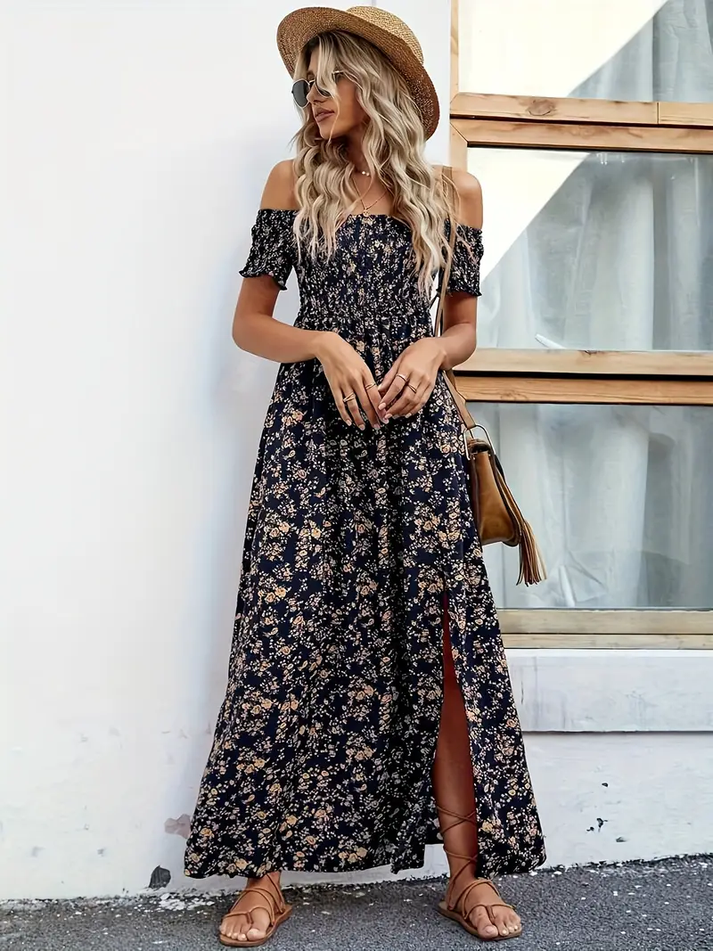 shoulder floral high slit dress faux beach dress women's - Temu shoulder floral high slit dress faux beach dress women's - Temu
