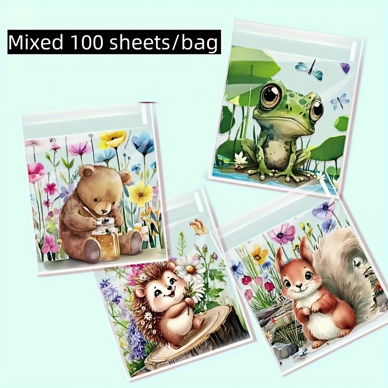 Image of 100/200pcs (1 Pack), Self-adhesive Bags, , Squirrels, Hedgehogs, Frogs, 10*10cm Transparent Square Self-sealing Plastic Packaging Bags, Party Gift Bags, Christmas And Halloween Gift Packaging Bags