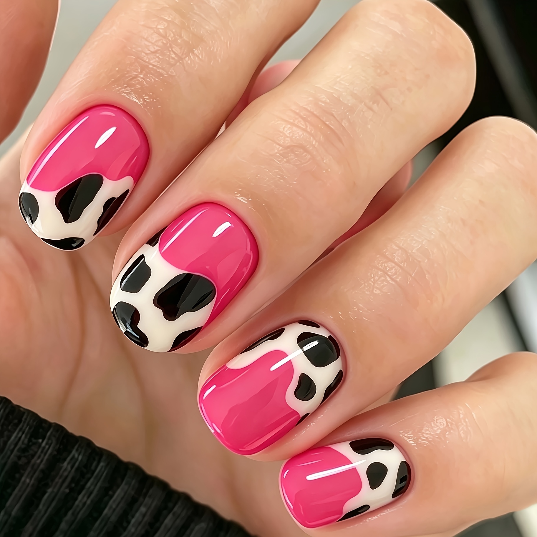 TEMU Trendy Glossy Short Square Press-on Nails, Y2k Hot Pink Cow Block Fake Nails, Full Cover Reusable Acrylic Stick-on False Nails Manicure Kit For