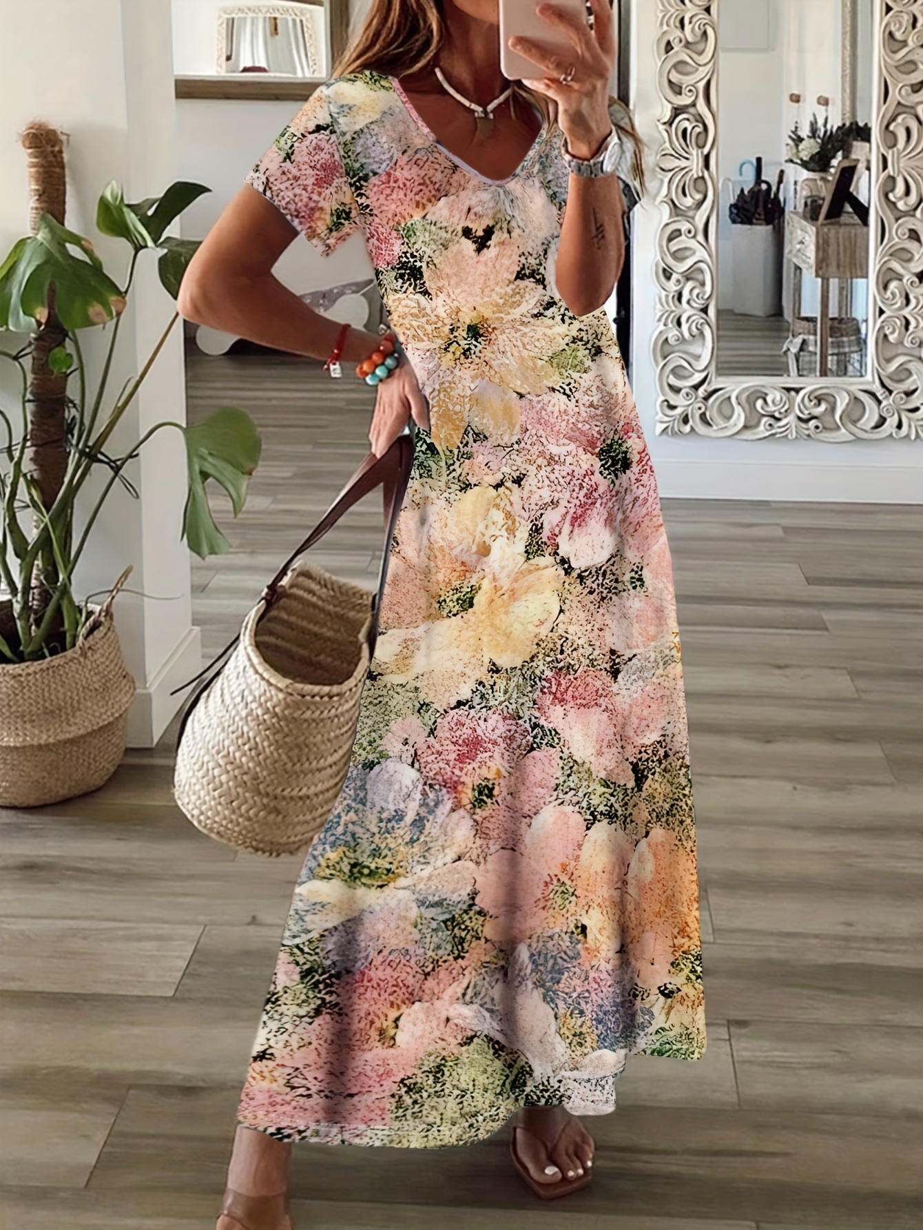 Floral Print V Neck Dress Short Sleeve Maxi - Temu