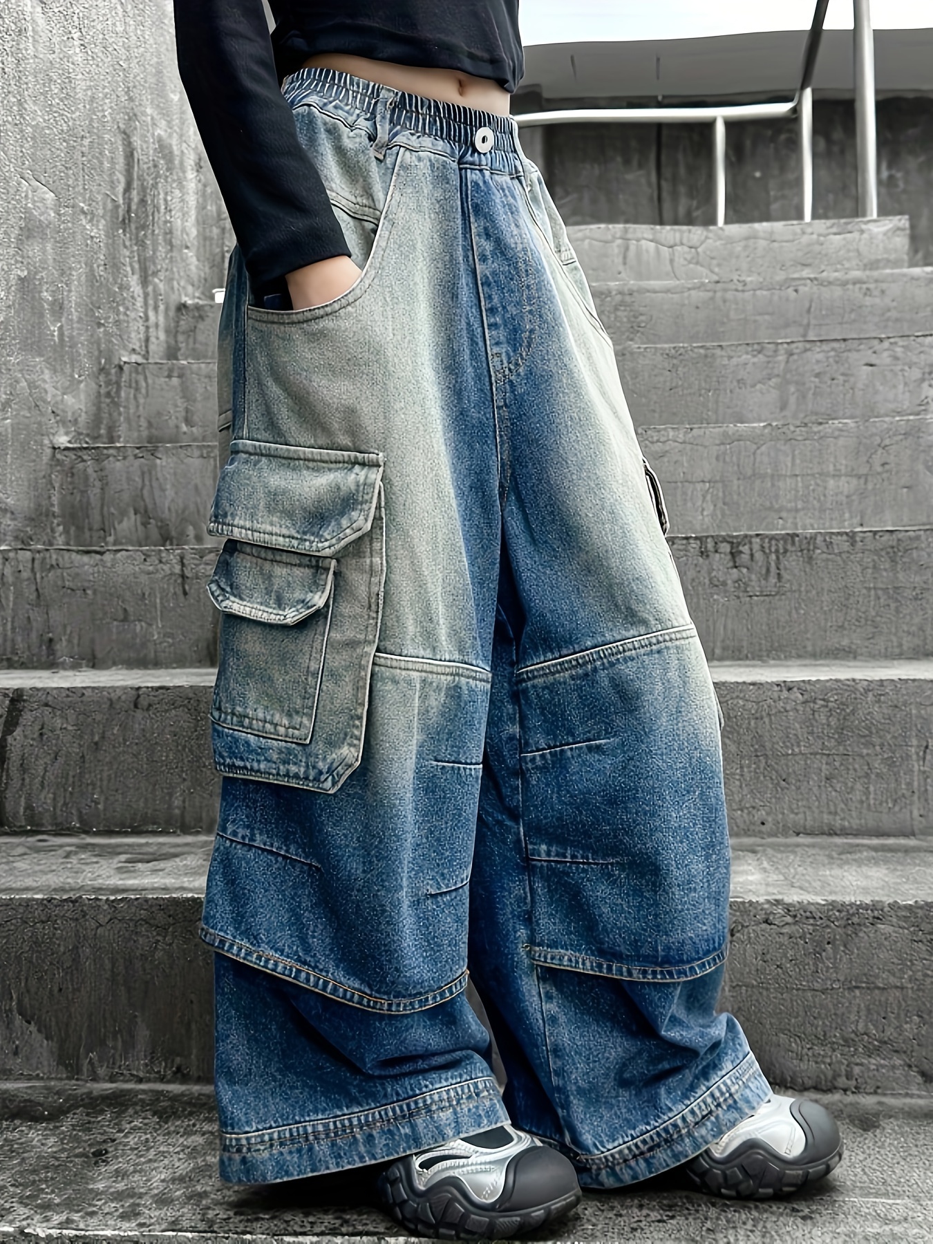 【BAON】Nellit Stitched Raw Wide Cargo Denim Pants Billie Low Slung Cargo Jeans - Acid Wash Black | Fashion Nova