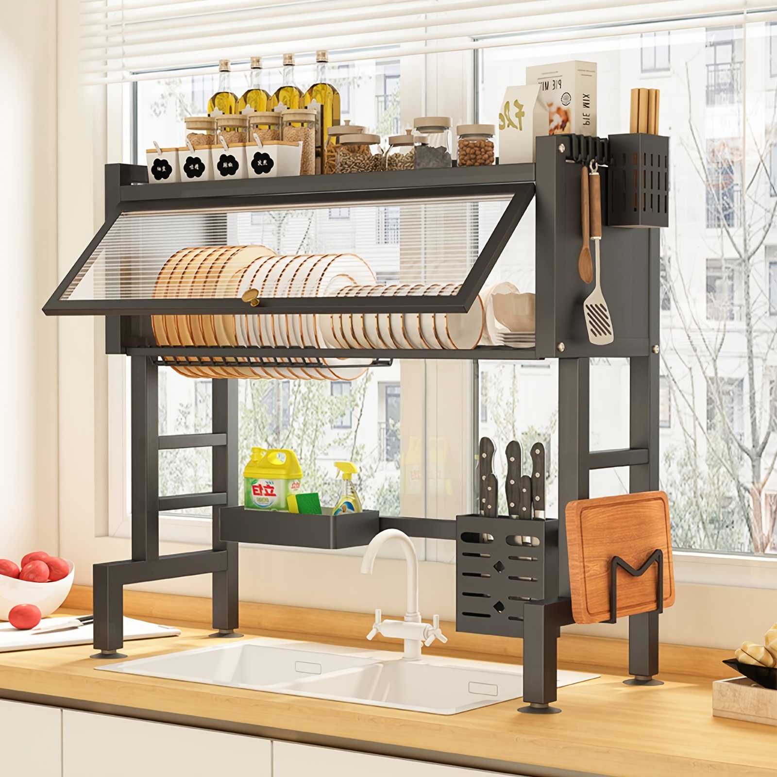 TEMU Dish Drying Rack That Fits Over The Sink, Featuring And A Cover. This Versatile Kitchen Organizer Made Of Metal And Carbon Steel Is Designed For