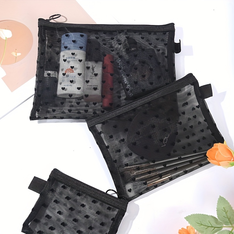 E-shop 3 Reise Make-up Organizer Mesh Kosmetiktaschen, Herz Muster Aufbewahrungstaschen, 3 Größen, Transparent und , Große Kapazität, Tasche-in-Tasche,