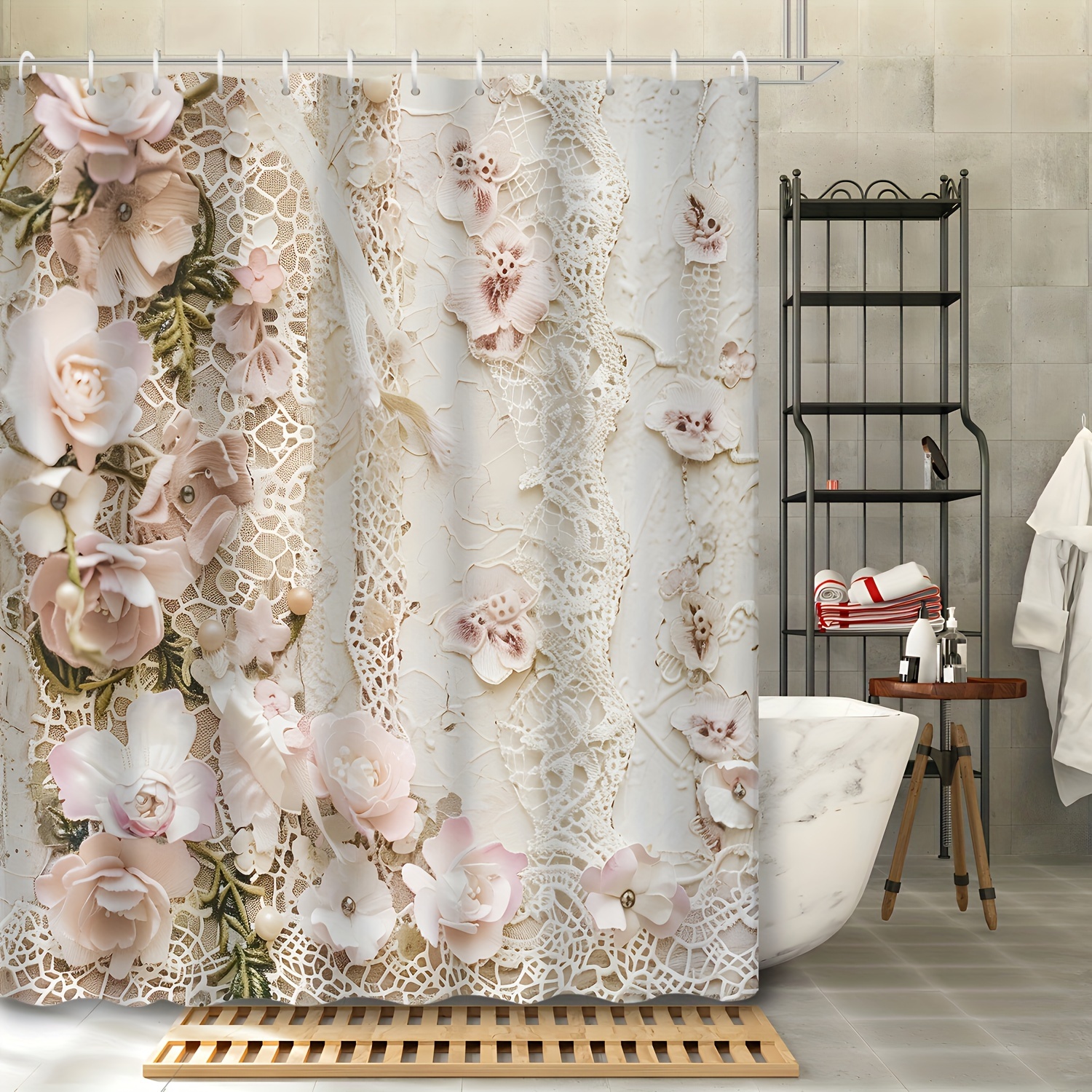 

Vintage 3d Lace Floral Rococo Design Shower Curtain With 12 Hooks, Water-resistant Polyester Bathroom Decor Accessory, Fashion-themed Unlined Grommet Top Curtain, Machine Washable, All-season