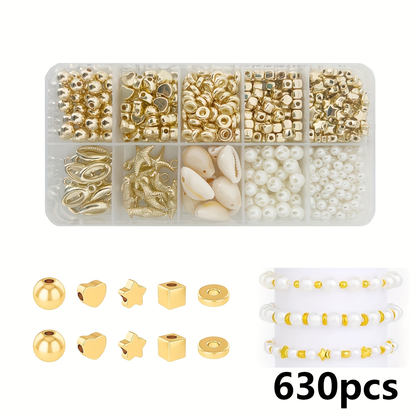 E-shop 630/720/1550/1610-teiliges Schmuckherstellungsset, Imitationsperlen, vergoldete Spacer-Perlen, goldene Buchstaben, weiße runde Perlen und