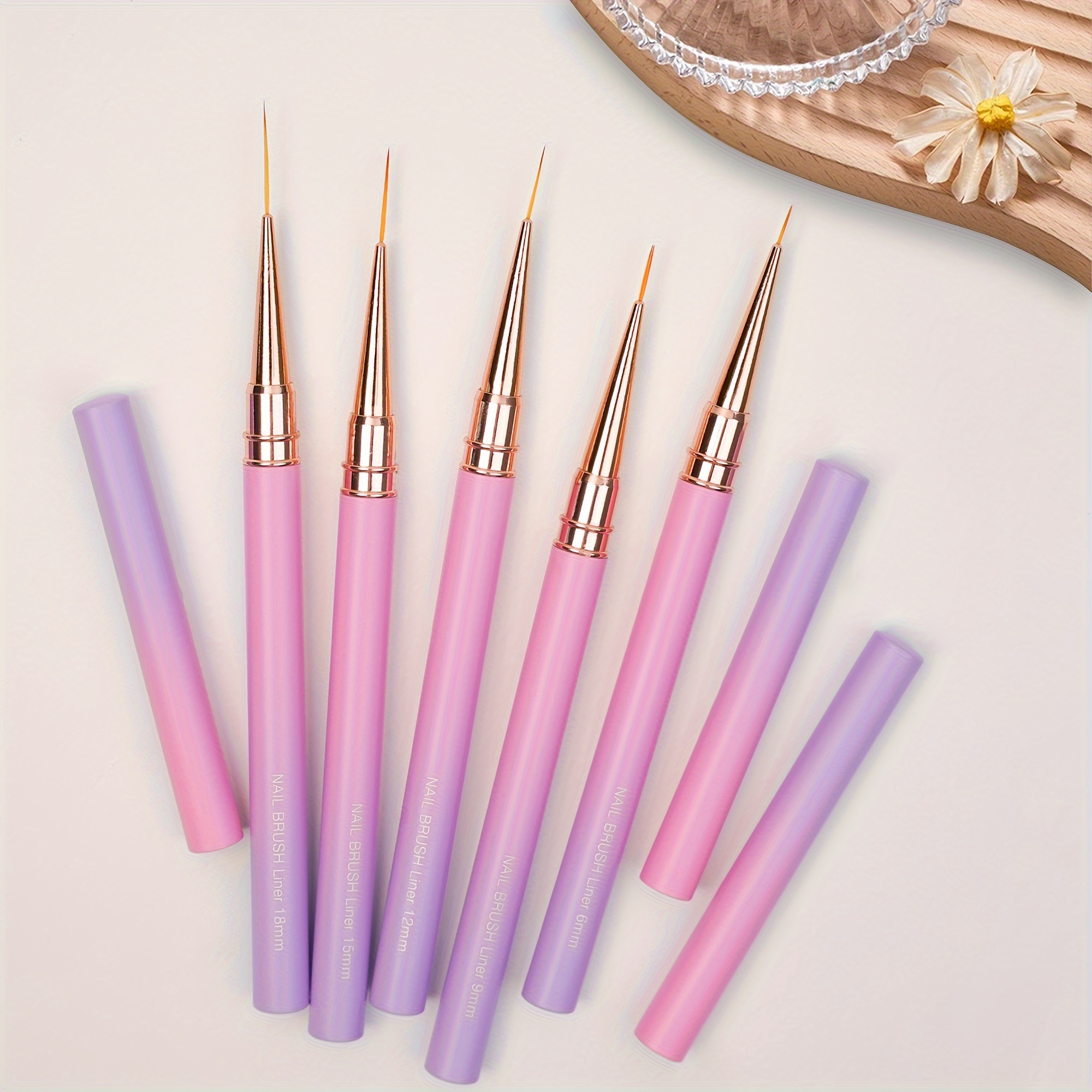 

5pcs Gradient Color Nail Art Brush Set - Detailing & Hook Line Pens, Pink To Purple , Golden , Ideal Designs, Nail Art Supplies