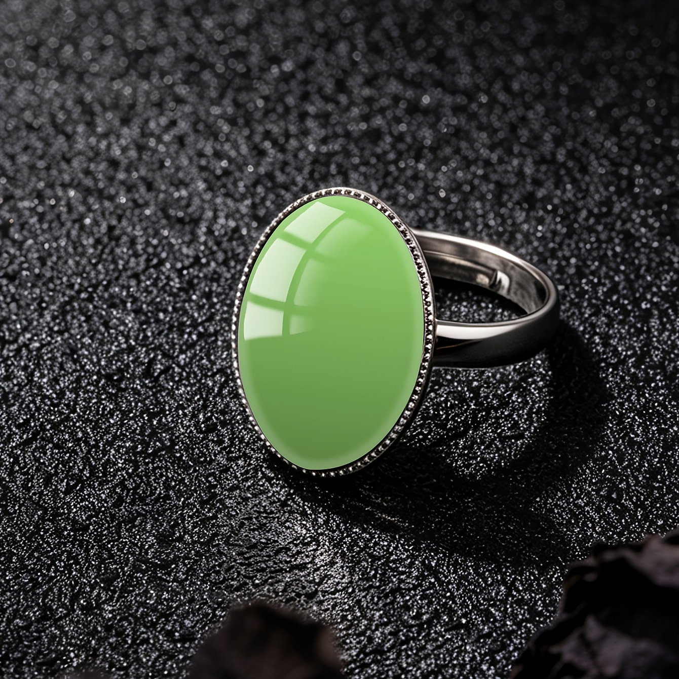 Women's Oval Jade Green Pattern Stainless Steel Open Ring