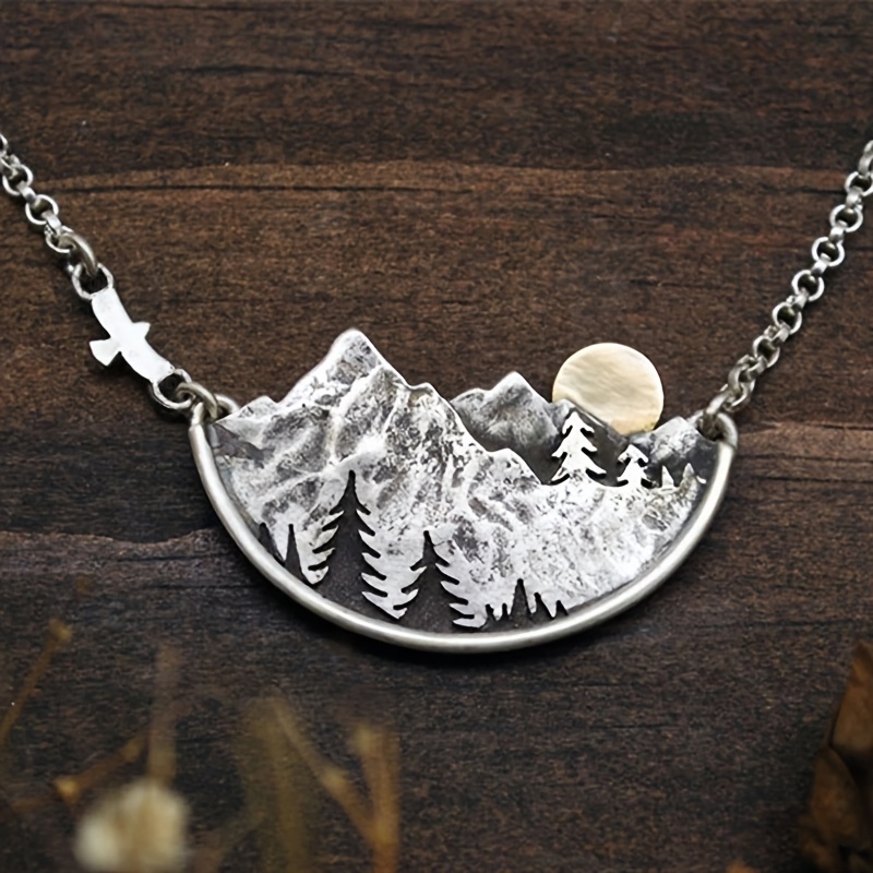 Silvery Bohemian Mountain Moon Shape Pendant Necklace Gothic Fashion Easy Party Gift