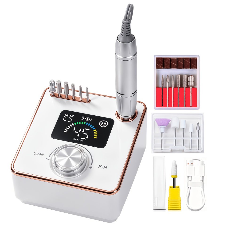 TEMU 45000 Rpm Professional Rechargeable Nail Drill Machine, Lcd Large Screen, High Torque, High Capacity Battery, Color-changing Crystal Knob, 12pcs