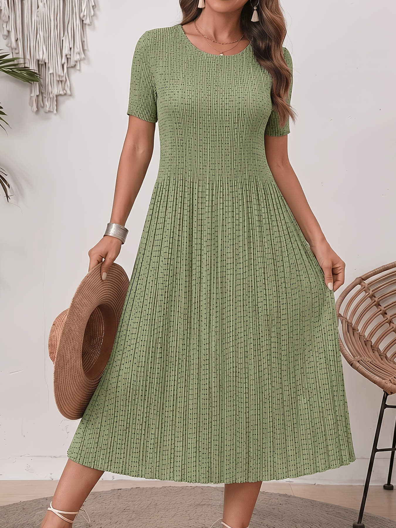 Plus Size - Plus Size - Summer New Short Sleeve * Printed Dress Fashionable  * Size Pleated Skirt