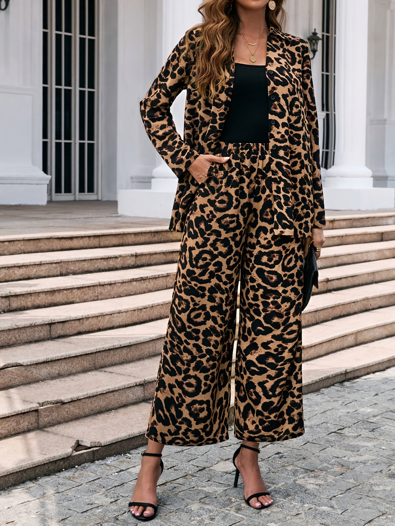 womens elegant leopard print suit set polyester 100 long Temu