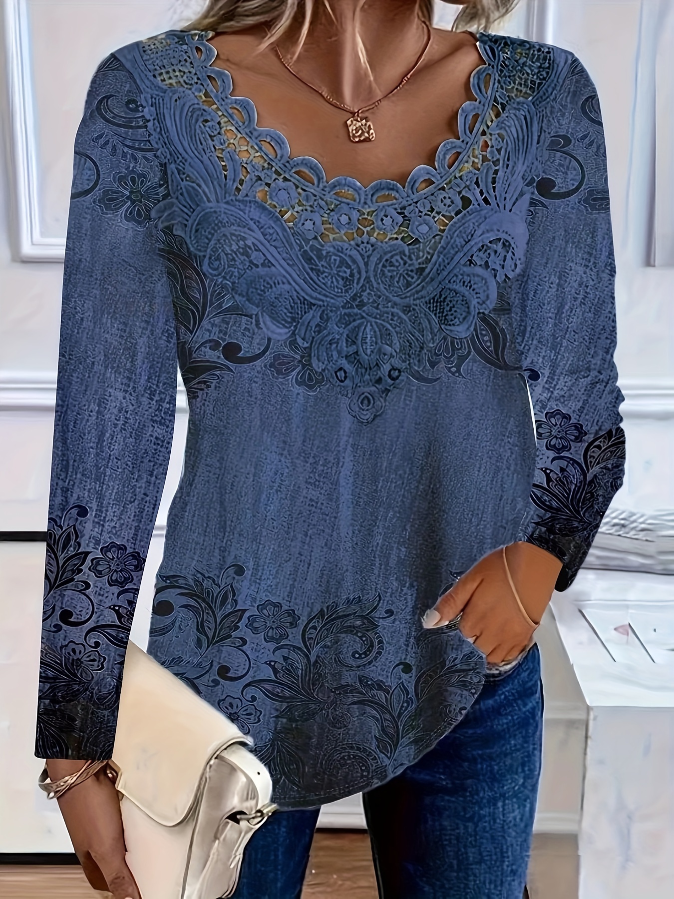 womens lace   print long sleeve top
