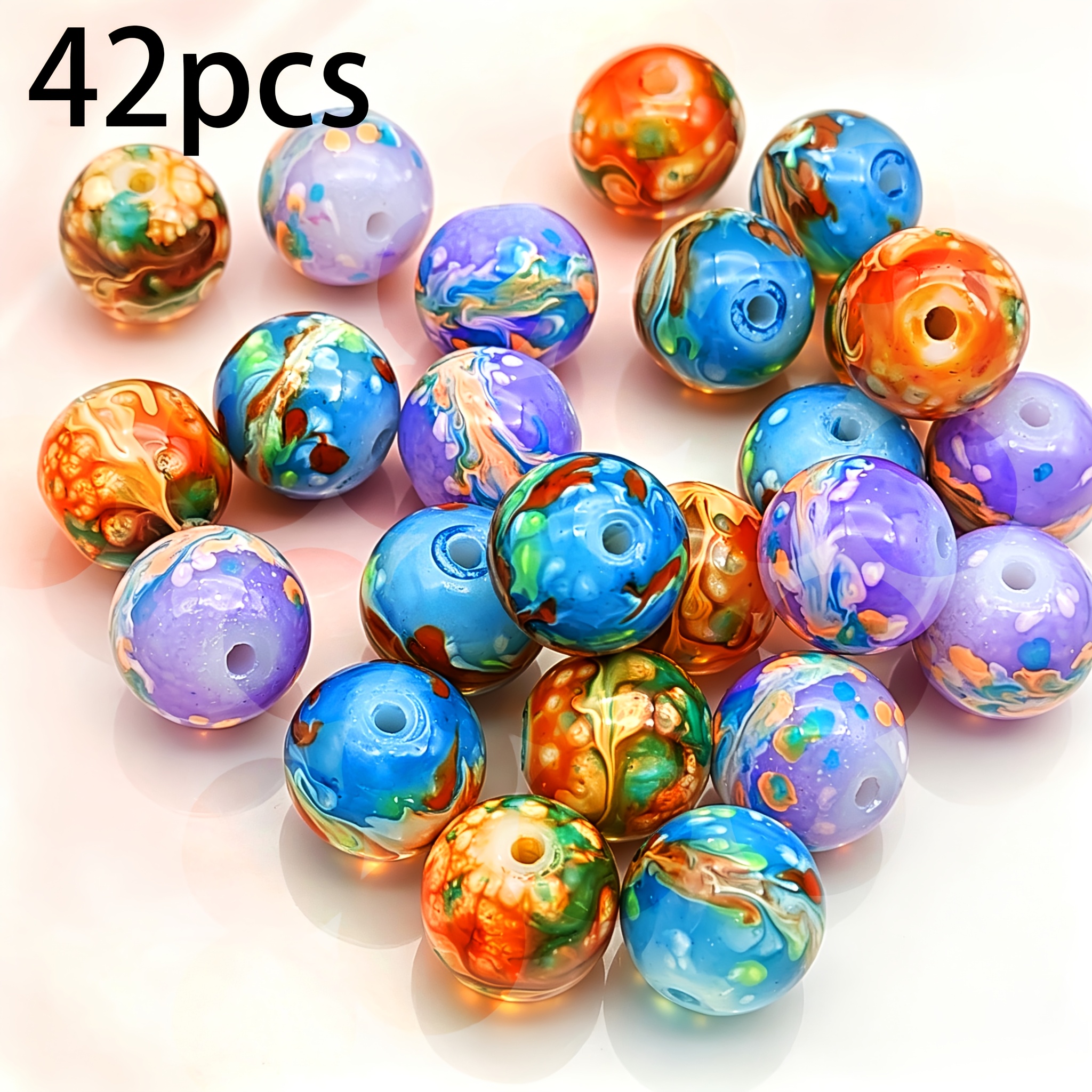TEMU 42 pièces de perles en verre peint de 10 mm pour la fabrication de bijoux DIY, bracelets, , cheveux - Perles multicolores pré-colorées pour le