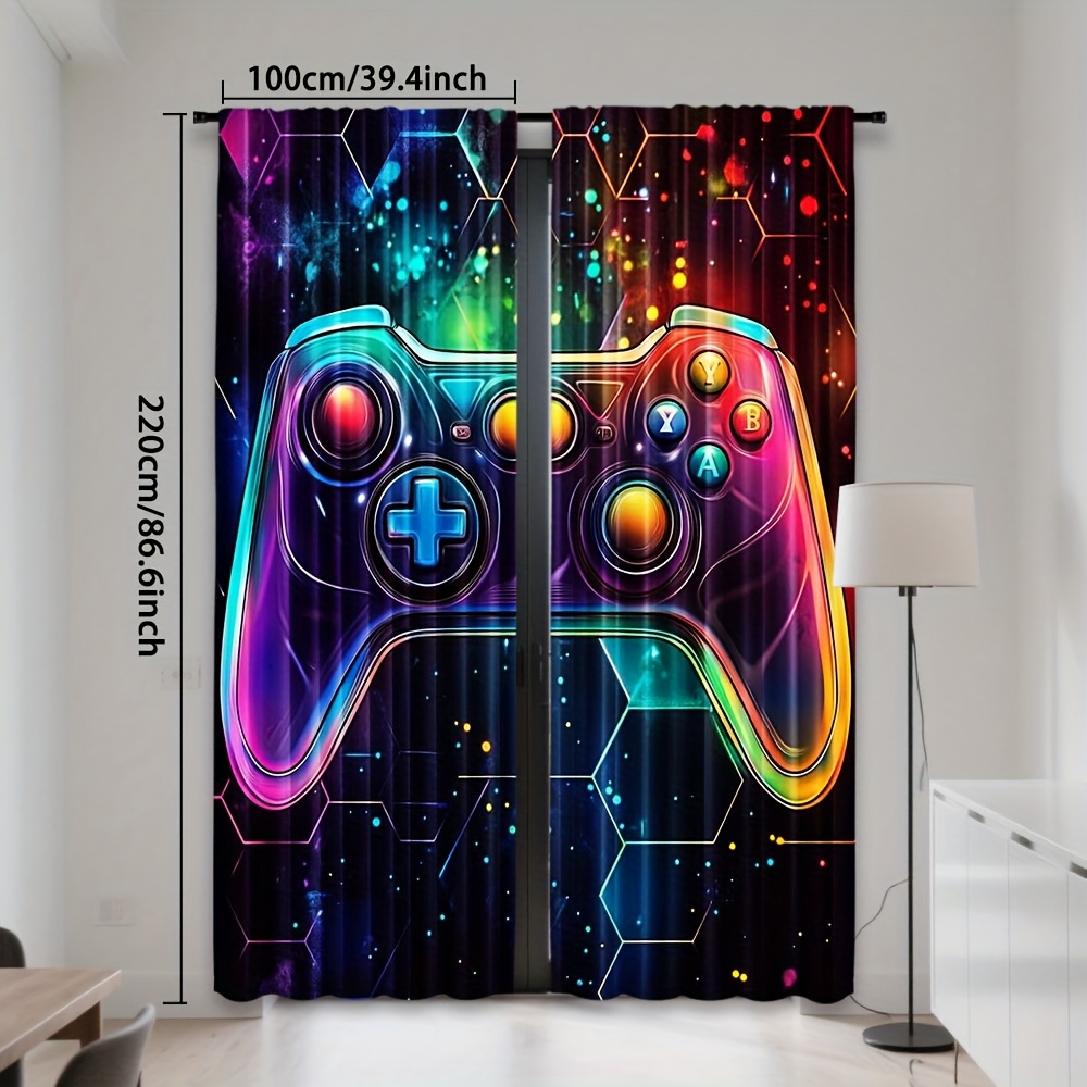 TEMU 2pcs, Vibrant Gaming Controller Print Artistic Print Polyester Curtains Rod Light Filtering For Bedroom Living Room Office Decor, Great For