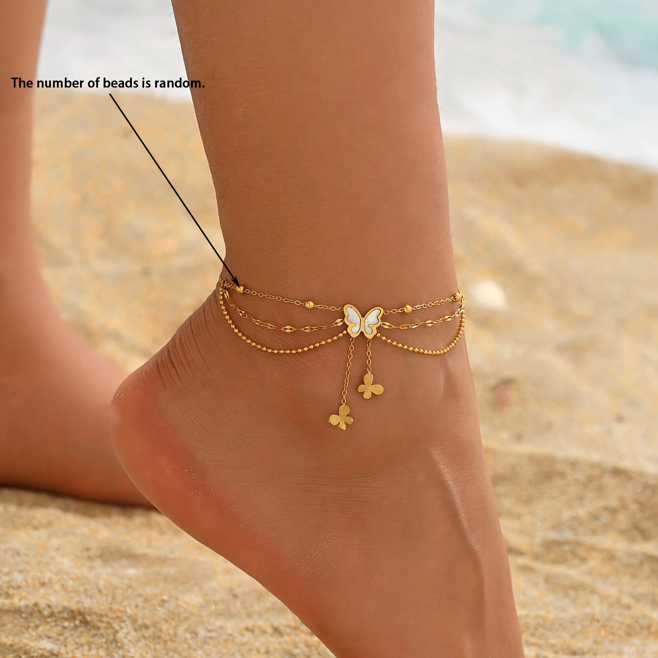 TEMU 1pc Women's Golden Stainless Steel Beaded Three-layer White Tassel Anklet, Fashion Accessory, Hand-cut, Bead Count