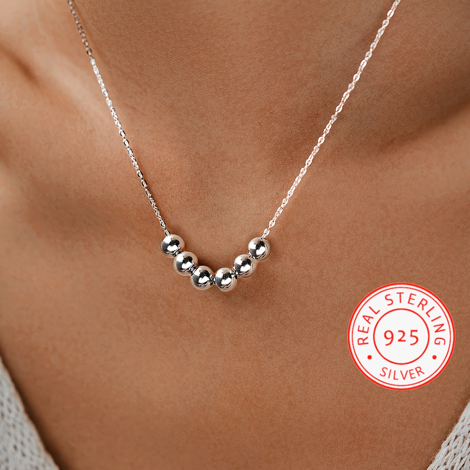 

925 Sterling Silver 6 Beads Ball Pendant Smile Dainty Necklace Chain For Women