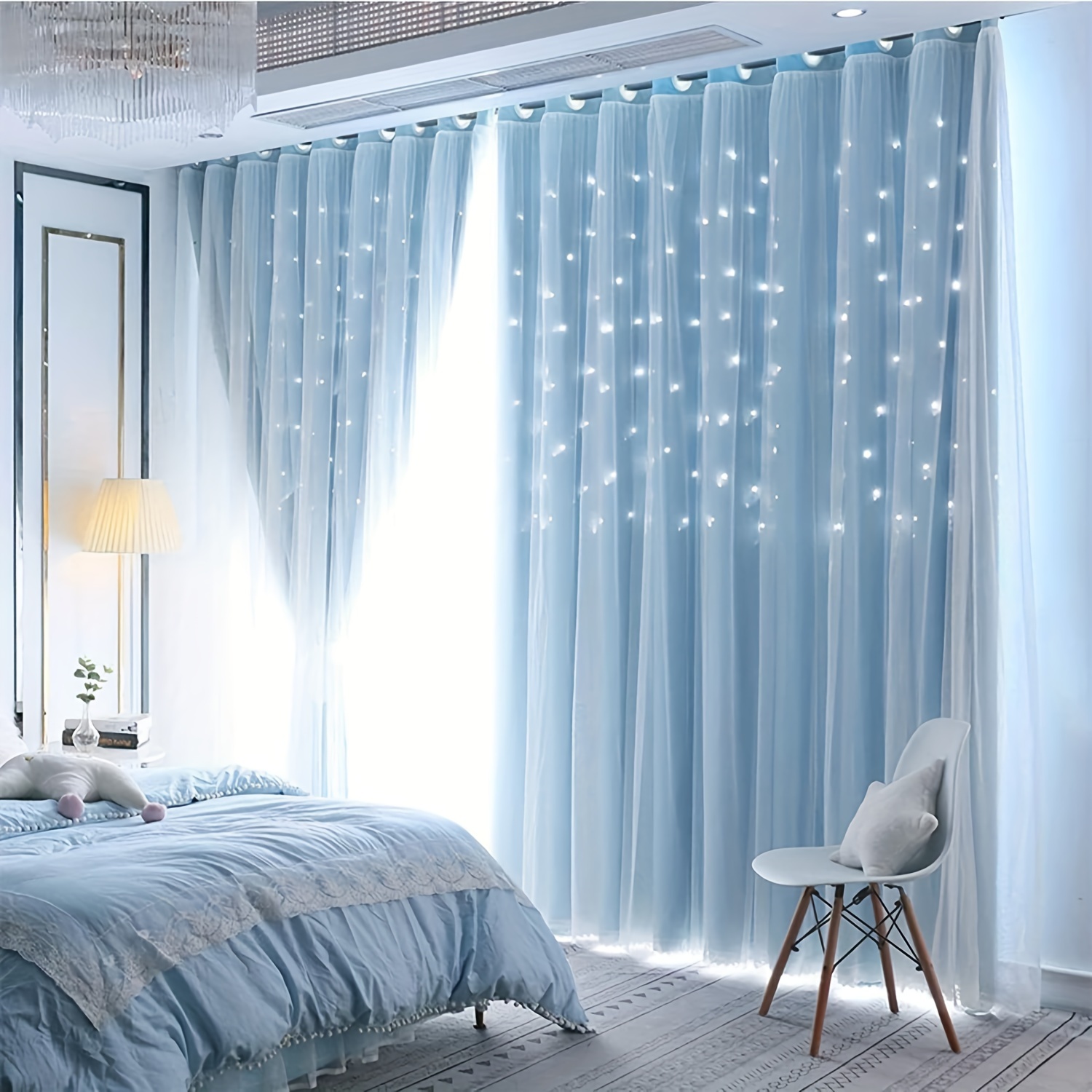 

2pcs Stars Cutout Blackout Curtains With Tulle Layers Grommet Window Panels For Bedroom Living Room Decor Wall Home, Blue