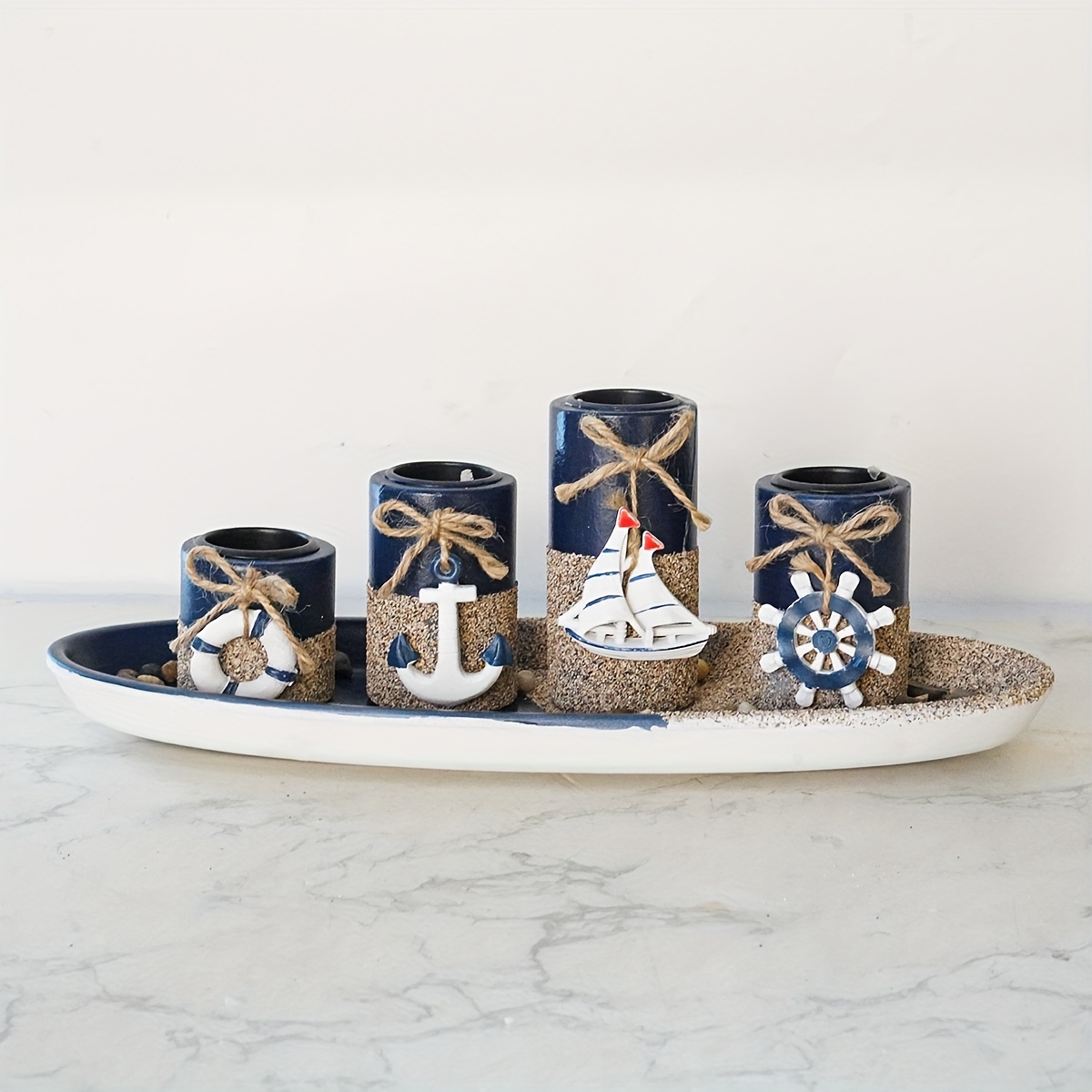Image of 1 Set Of Wooden Ocean-themed Candle Holder Table Ornaments Home Nautical Theme Living Room Holiday Candle Holder Ornaments Decorative Candle Lighting Tea Lamp Holder Delivery Without Candles