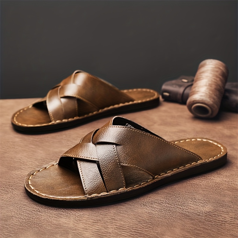 *'* Summer Slide Sandals Casual Open-Toe Design, Brown Upper, Rubber  Sole Beach Outdoor Activities, Casual Slippers