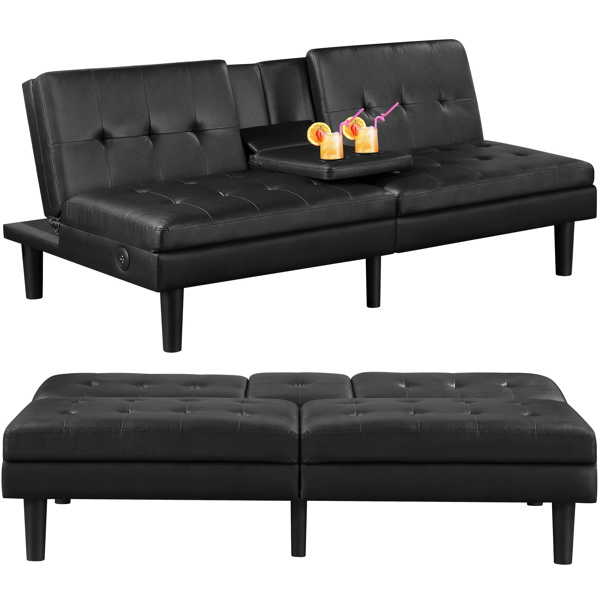 

Futon Sofa Bed Modern Folding Sofa Couch With 2 Cup Holders, Usb Port, Faux Leather Convertible Recliner For Living Room