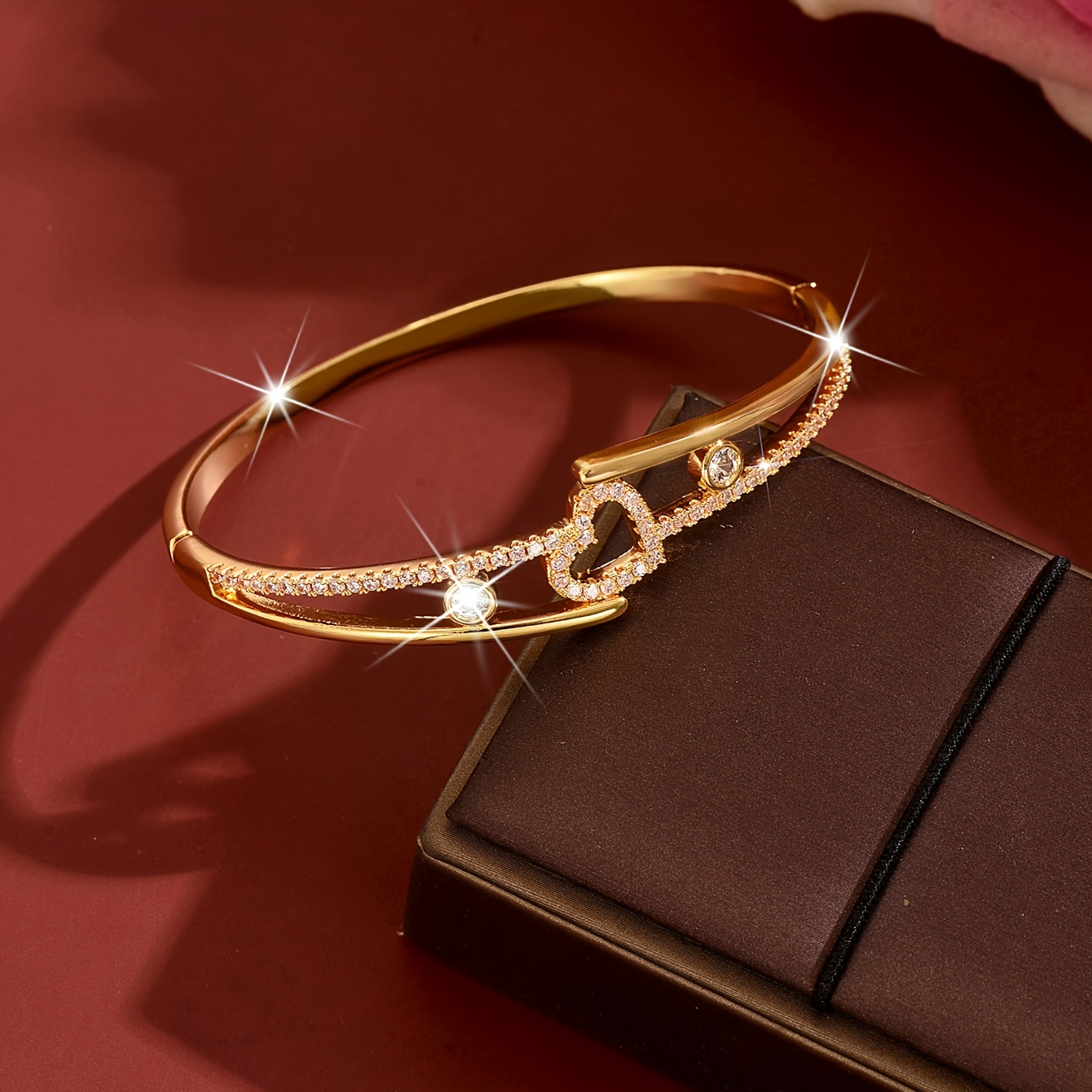 Women's Heart-Shaped Rhinestone Bracelet, Chic Double-Ring Design