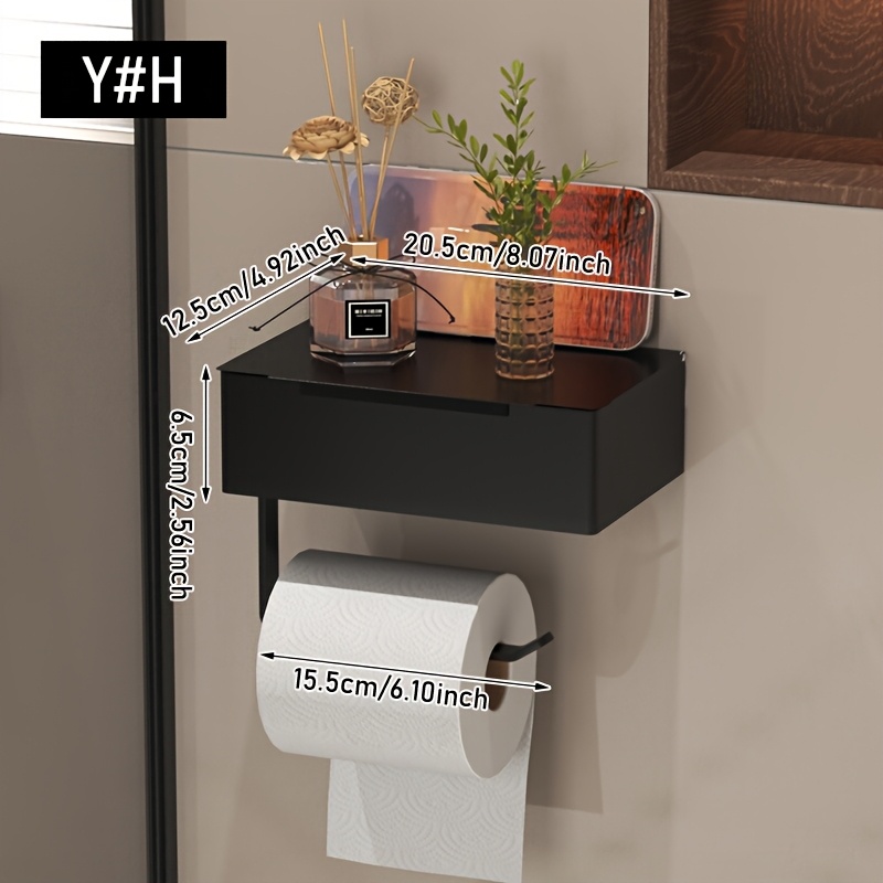E-shop Platzsparendes Schwarzes Metall-Badezimmerregal - Selbstklebend, Bohrfreie Wandmontage mit Toilettenpapierhalter, Wischtuchspender &