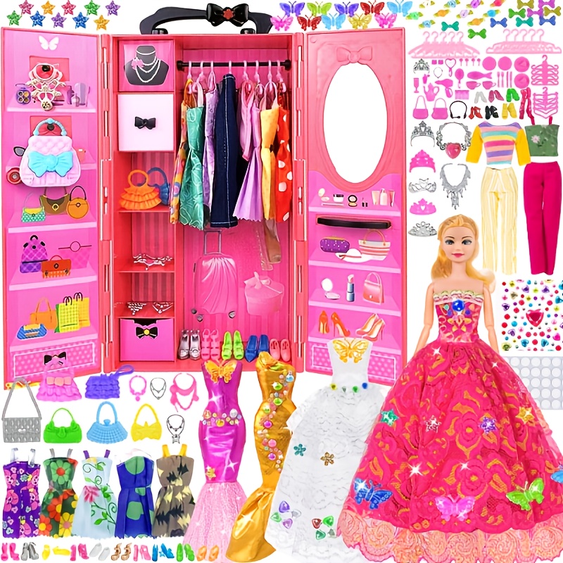 

139pcs 11.5 Inch Girl Doll Closet With Clothes And Accessories Including Doll, Wedding Dress, Outfits, Shoes, Hangers, Bags, Necklaces And Diy Stickers ( Doll)