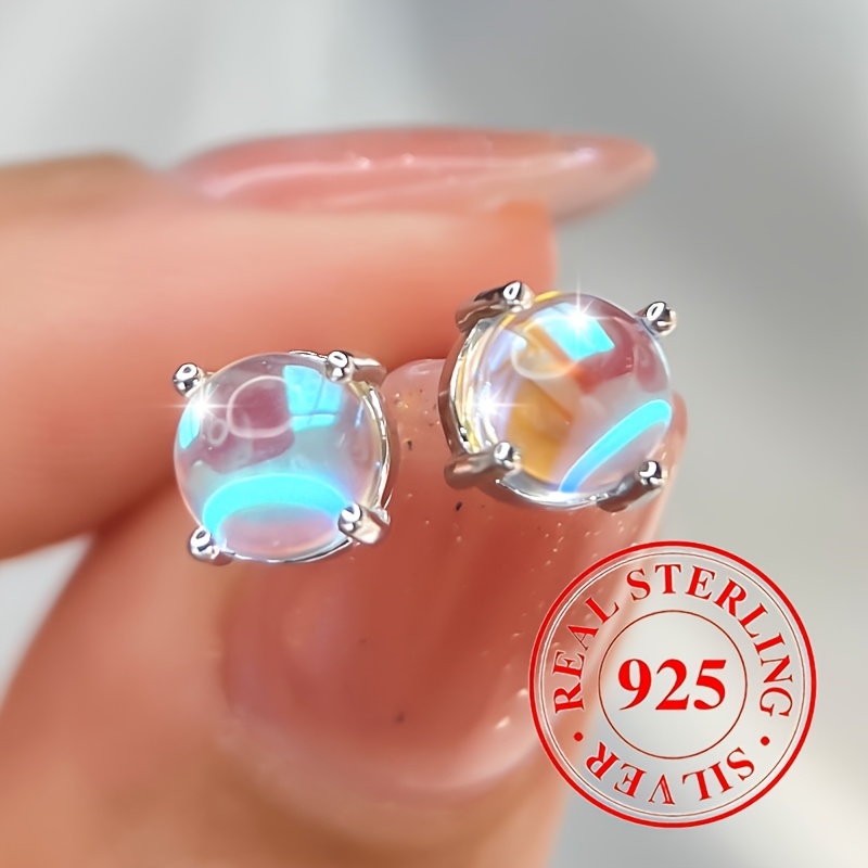 

925 Sterling Silver Hypoallergenic Elegant Illusionary Moonlight Stone Round Stud Earrings For Women Jewelry (1.2g 0.042oz)