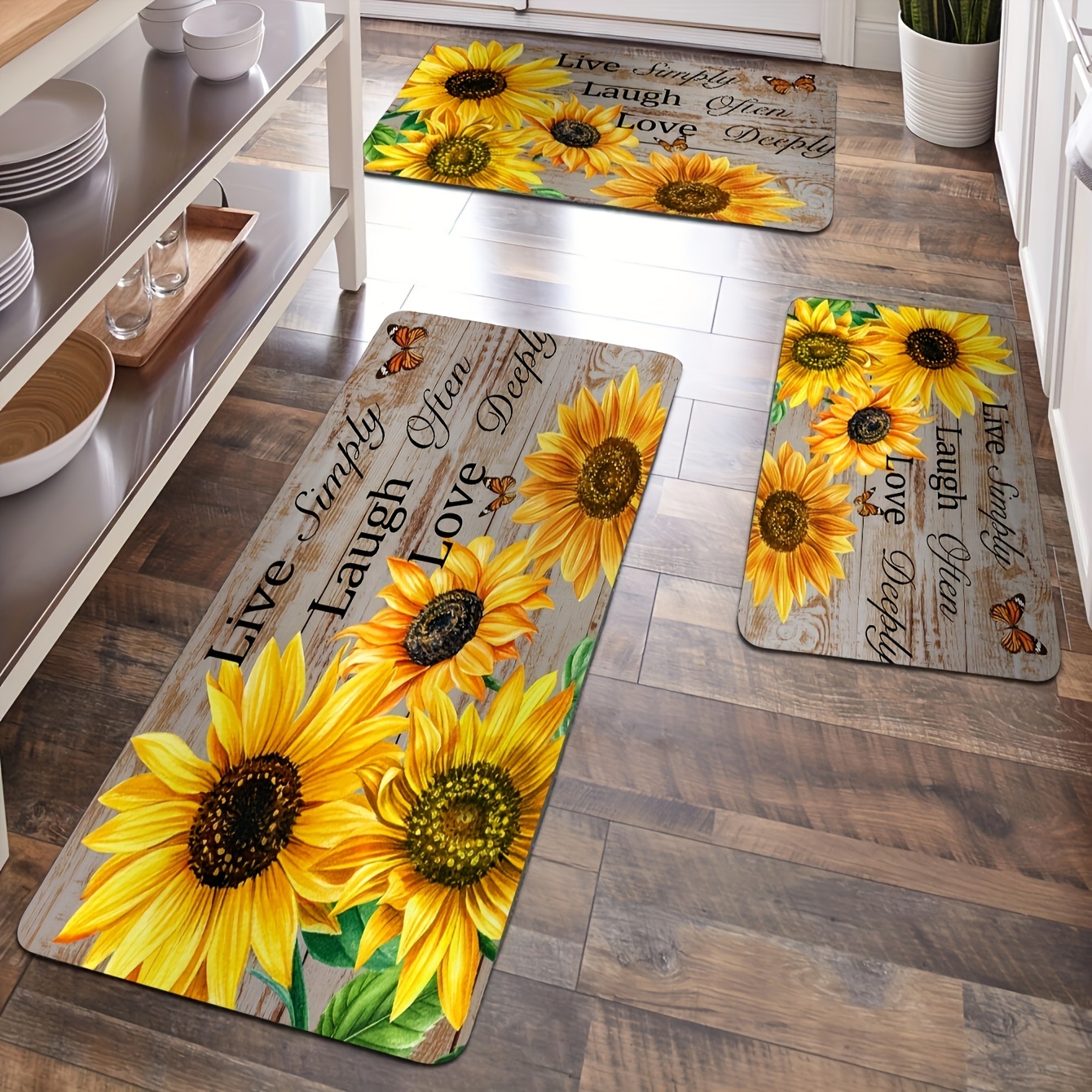 

Sunflower Kitchen Rug Set 3 Pieces, Non-slip Water Absorbent Polyester Mats, Machine Washable, Rectangle Shape, Includes Sizes 40x60cm, 50x80cm, 40x120cm For Bedroom, Living Room, Laundry & Bathroom